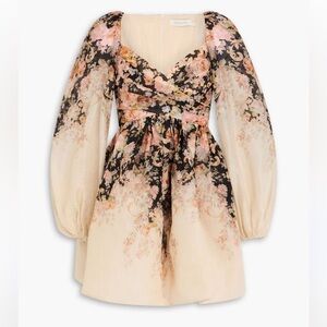 Zimmermann Floral Puff-Sleeve Mini Dress in Cream, Black and Pink